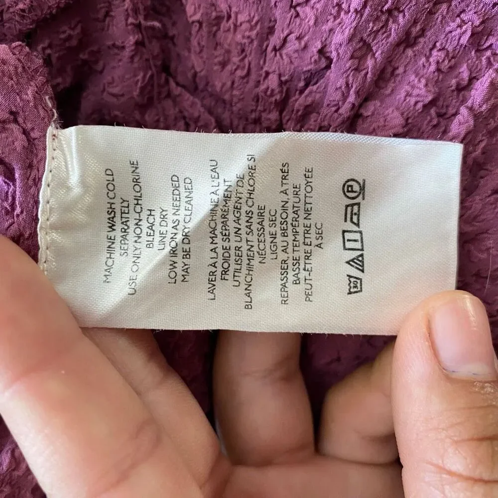 Free People Purple Textured Wrap Peplum Top L Puff Sleeve Boho Tie Front
